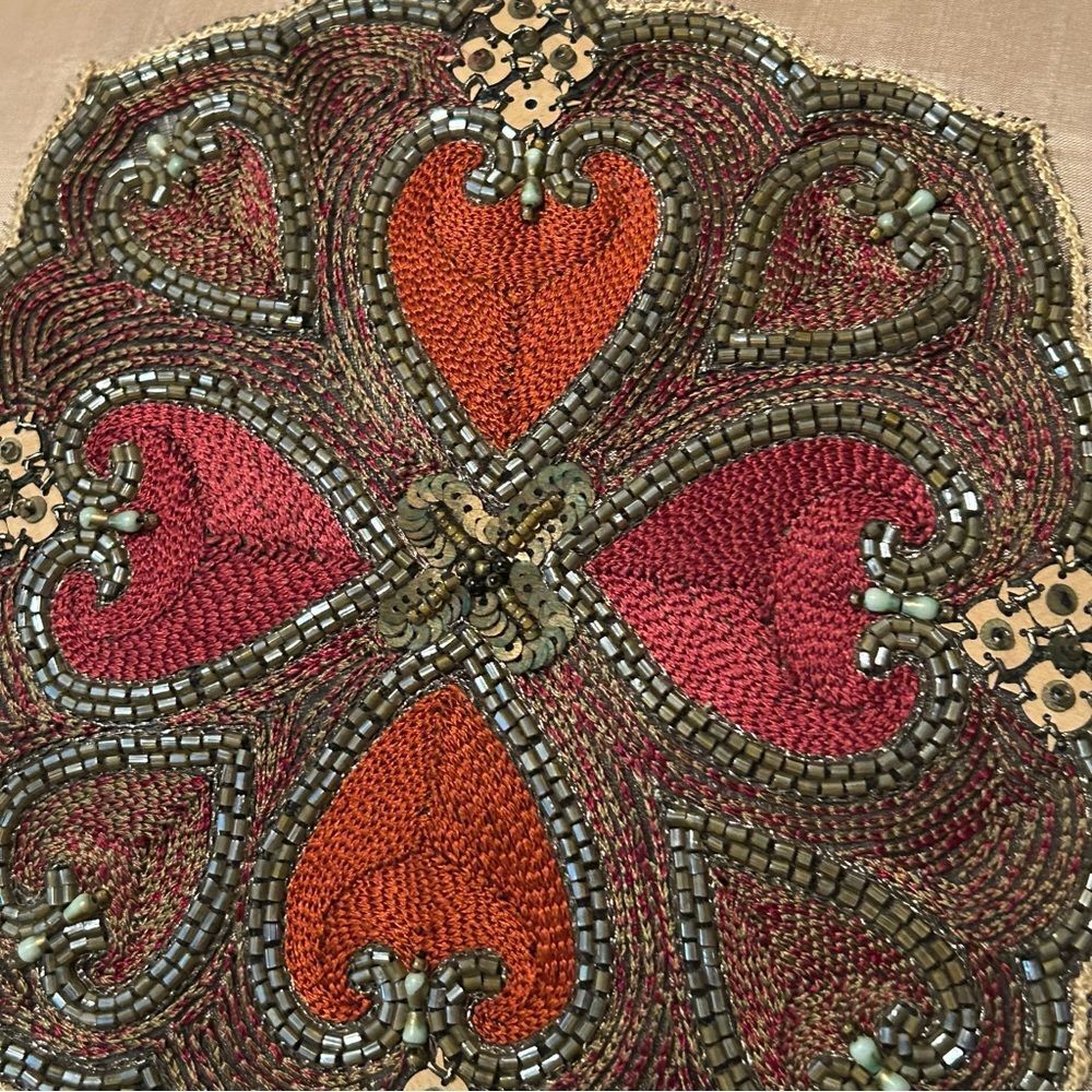 Boho Silk Satin Peach Embroidered Decorative Pillow Fringe Ribbon Down 21 Square - Picture 9 of 9